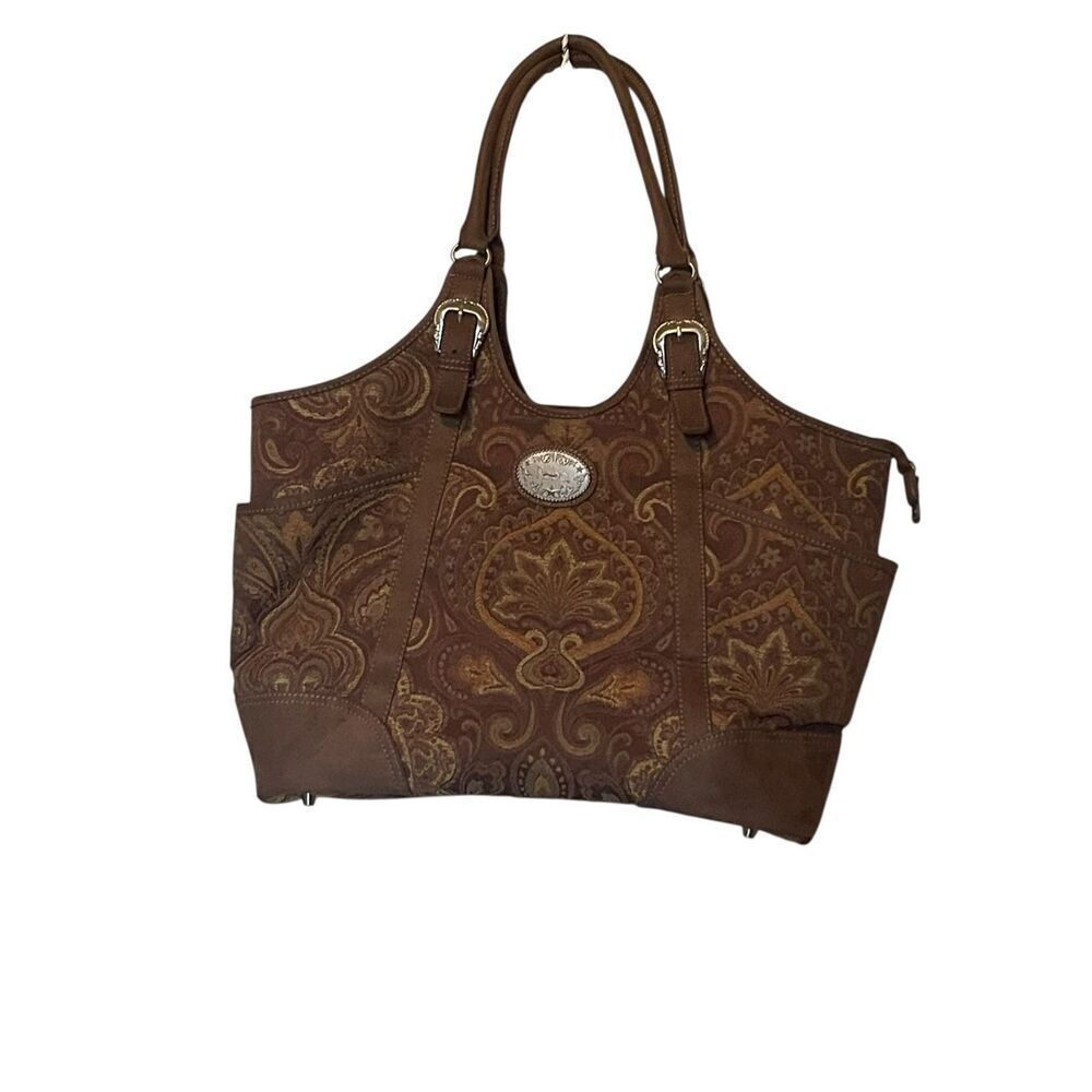 Reba Womens Brown Tapestry Paisley Mary Poppins Tote Handbag Purse
